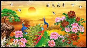 Tranh chim công và hoa mẫu đơn hoàng hôn