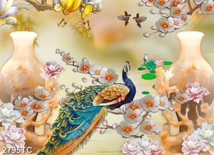 Tranh bình hoa và chim công giả ngọc