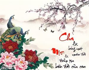 Tranh thư pháp Cha Mẹ và chim công