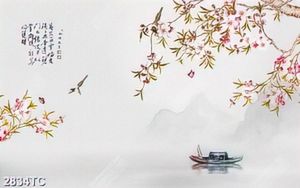 Tranh cây đào và chữ thư pháp