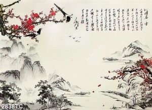 Tranh hoa đào và cảnh núi