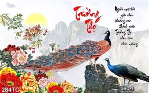 Tranh chim công trường thọ và núi non