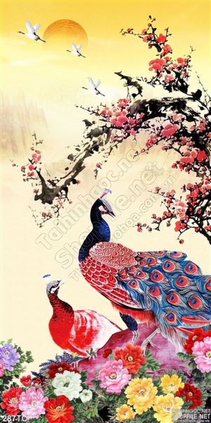 Tranh chim công khổ dọc và cành hoa đào 3d
