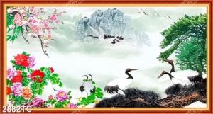 Tranh hoa mẫu đơn và cây tùng