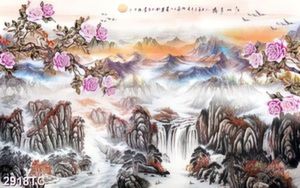 Tranh sơn dầu cảnh thác và núi mùa xuân