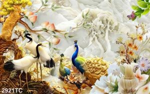 Tranh chim Hạc và chim công nền giả ngọc