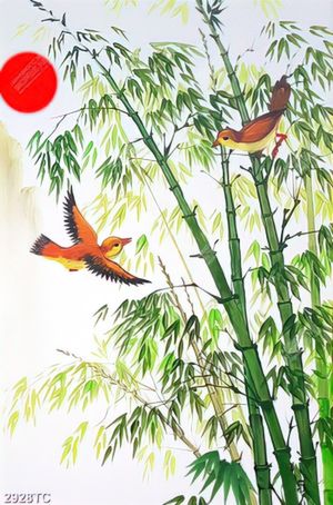 Tranh sơn dầu cây tre và chim