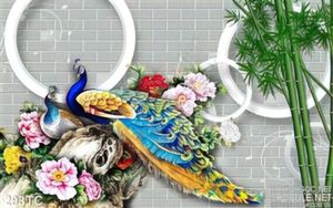 Tranh chim công 3d và bức tường gạch màu xám psd