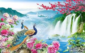 Tranh chim công hoa đơn và thác nước