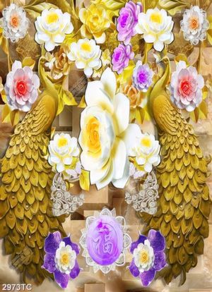 Tranh lụa 3D đôi chim công vàng