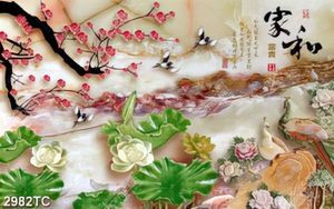 Tranh hoa đào, hoa Sen và chim công giả ngọc