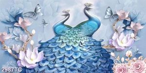 Tranh lụa 3D đôi chim công xanh và hoa mộc lan