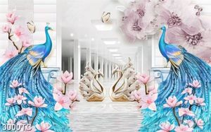 Tranh lụa 3D đôi chim công và chim thiên nga