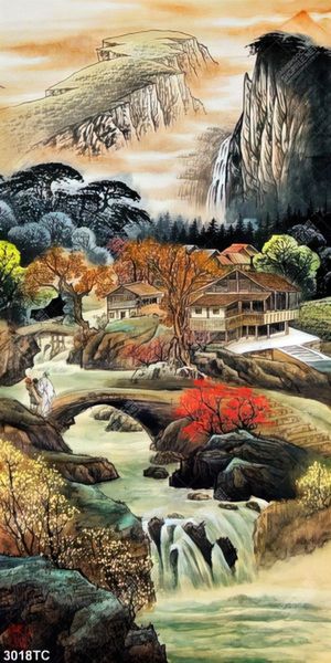 Tranh sơn dầu cảnh ngôi nhà trên núi