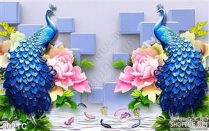 Tranh chim công màu xanh lam đứng trên hoa mẫu đơn 3d giả ngọc