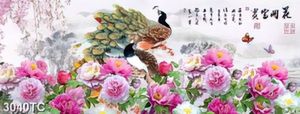 Tranh vườn hoa mẫu đơn và chim công