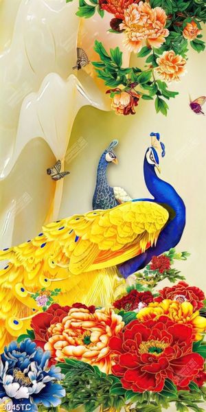 Tranh đôi chim công và hoa mẫu đơn khổ dọc