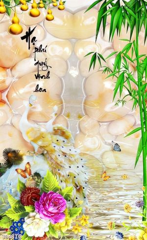 Tranh thư pháp Hạ và đôi chim công