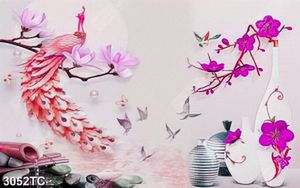 Tranh chim công trên cành hoa mẫu đơn và bình cổ