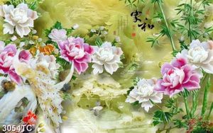 Tranh hoa mẫu đơn và chim công nền giả ngọc đẹp
