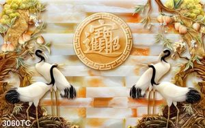 Tranh chim hạc và quả đào nền đá 3D