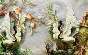 Tranh chim Hạc và quả đào nền đá 3D in gạch đẹp