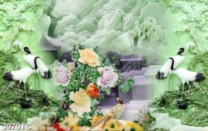 Tranh phù điêu giả ngọc chim hạc và hoa mẫu đơn