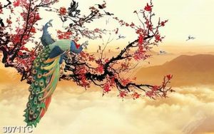 Tranh đôi chim công và hoa đào