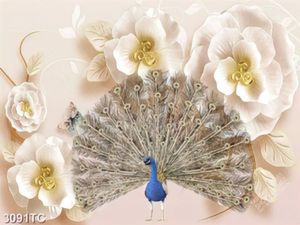 Tranh chim công nền hoa 3D