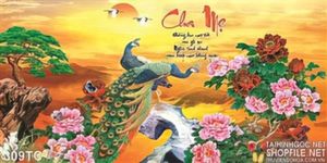 Tranh chim công cha mẹ mặt trời và hoa mẫu đơn