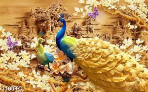 Tranh đôi chim công và hoa mẫu đơn