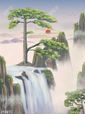 Tranh cây tùng trên thác nước