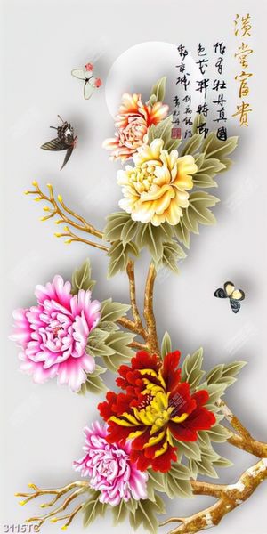 Tranh hoa mẫu đơn và chữ thư pháp