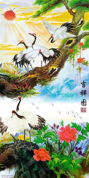 Tranh sơn dầu chim Hạc và cây Tùng khổ dọc