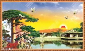Tranh thư pháp cây tùng và ngôi đền trên sông
