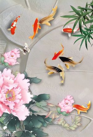 Tranh hoa mẫu đơn và cá chép nền 3D