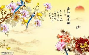 Tranh hoa mộc lan và hoa mẫu đơn thư pháp