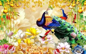 Tranh tài lộc đôi chim công và hoa mẫu đơn
