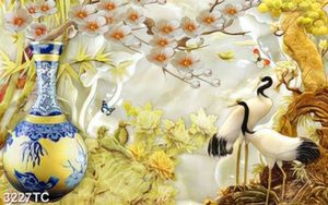 Tranh bình hoa và chim Hạc, hoa đào