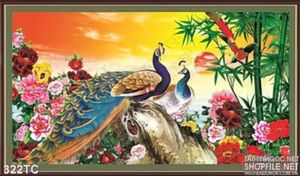 Tranh chim công hoa mẫu đơn và bụi tre