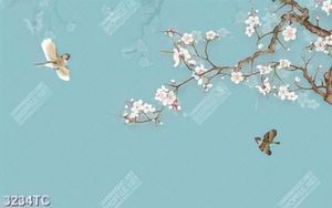 Tranh chim hoa đào nền xanh dán tường đẹp