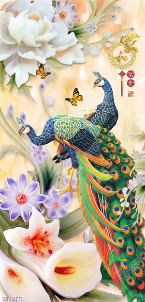 Tranh giả ngọc chim công và hoa mẫu đơn