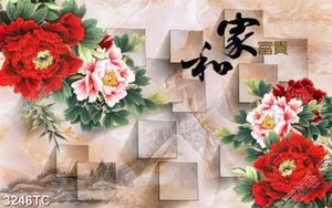 Tranh hoa mẫu đơn nền đá 3D