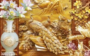 Tranh phù điêu chim công và bình hoa cổ