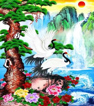 Tranh sơn dầu chim Hạc và cây Tùng