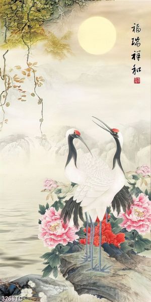 Tranh chim Hạc và hoa mẫu đơn