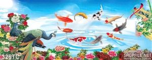 Tranh chim công và cửu ngư quần hội in uv