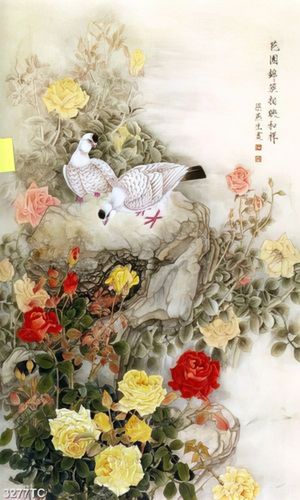 Tranh chim và hoa hồng