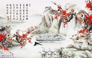 Tranh thư pháp hoa đào và cảnh núi sông