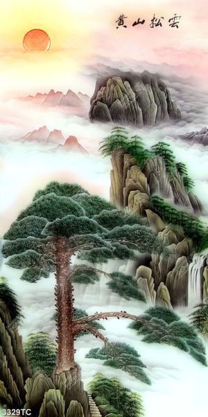 Tranh sơn dầu cây tùng và núi